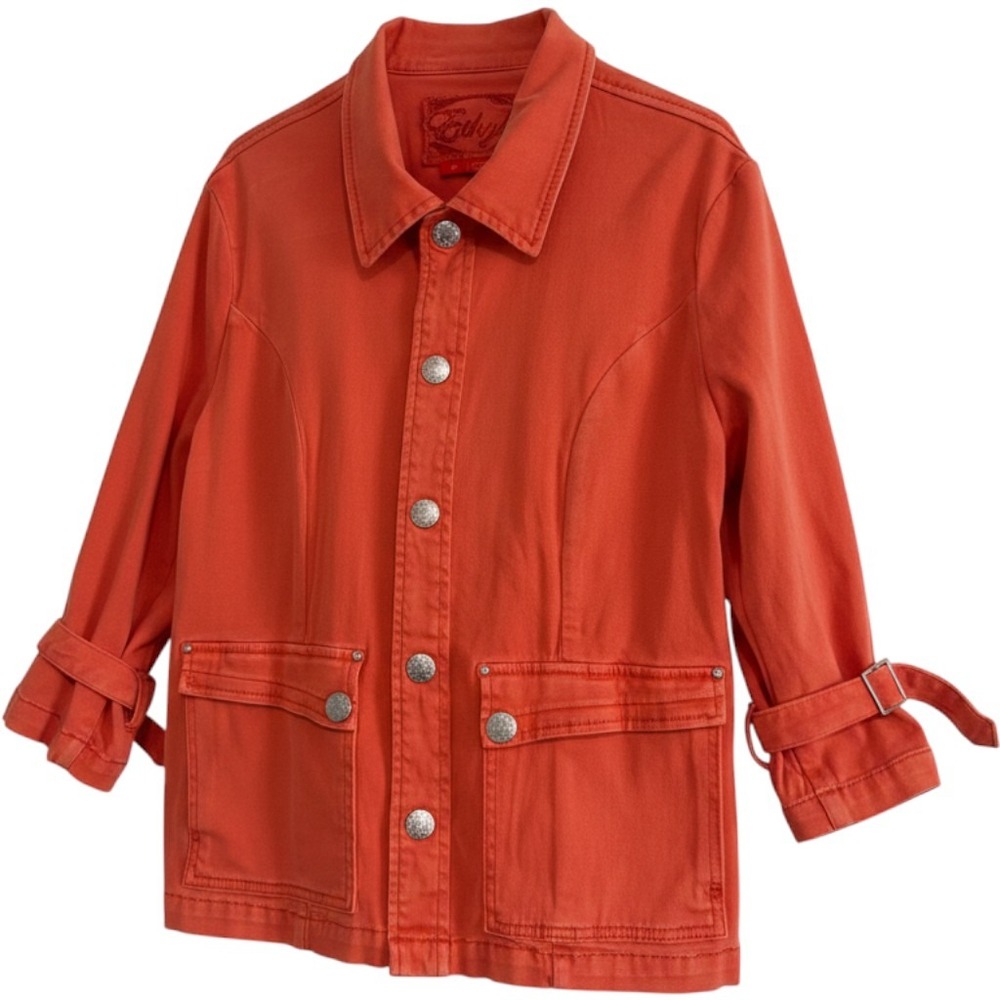 Ethyl Womens Coral Orange Stretch Denim Utility Jacket Buckle Cuff Large